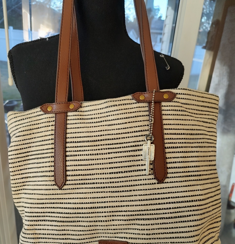 Striped Canvas Tote Bag with Brown Leather Trim